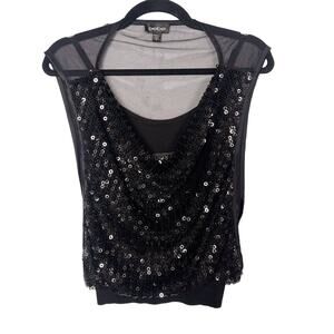 Bebe XSmall XS Black Sequin Layered Sheer Top Cowl Neck Built In Tank Camisole